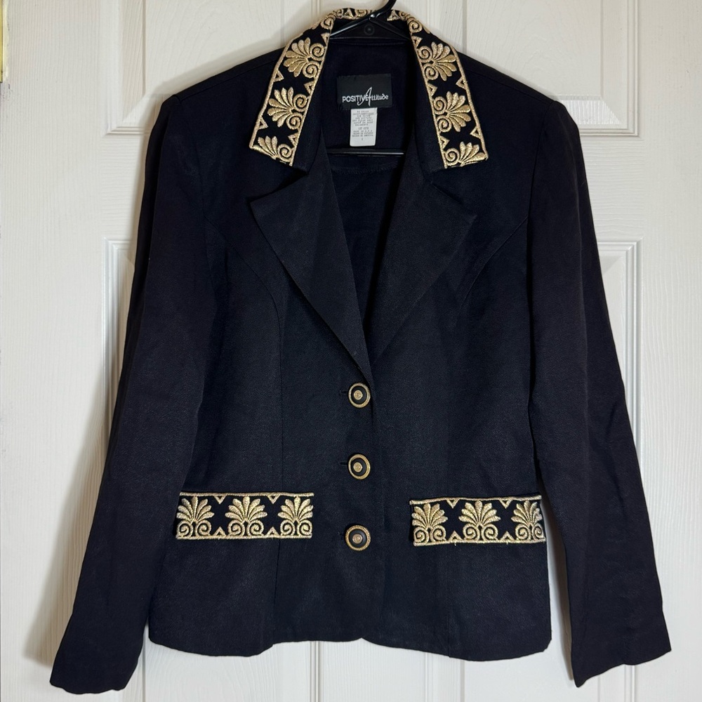 Positive Attitude Blazer 80s Vintage Black Gold‎ Embroidered Size 6 USA